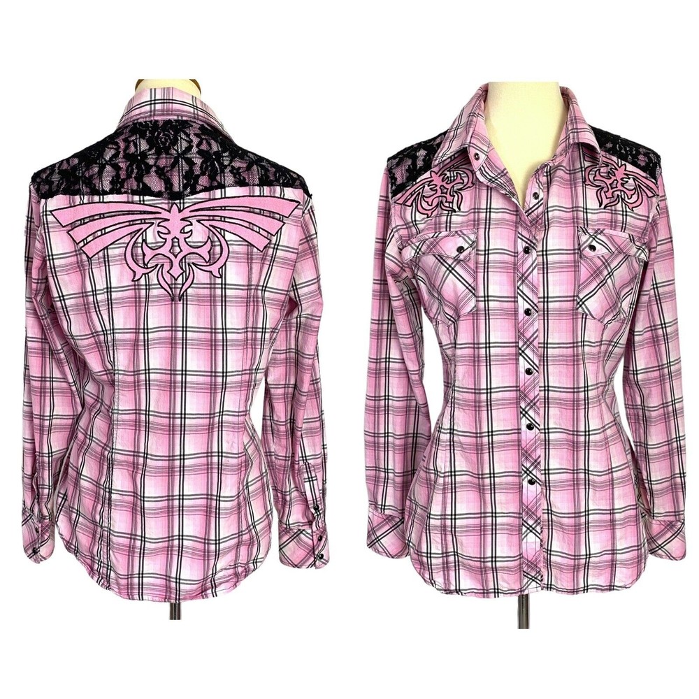 Rock & Roll Cowgirl Womens Pearl Snap Shirt Top Large Pink Black Lace Embroidery